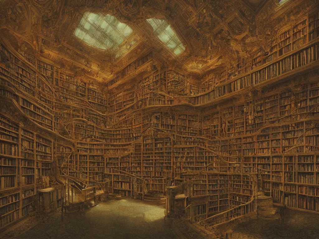 Prompt: a beautifully and highly detailed painting of a library, by marc simonetti, david friedrich and franz sedlacek,