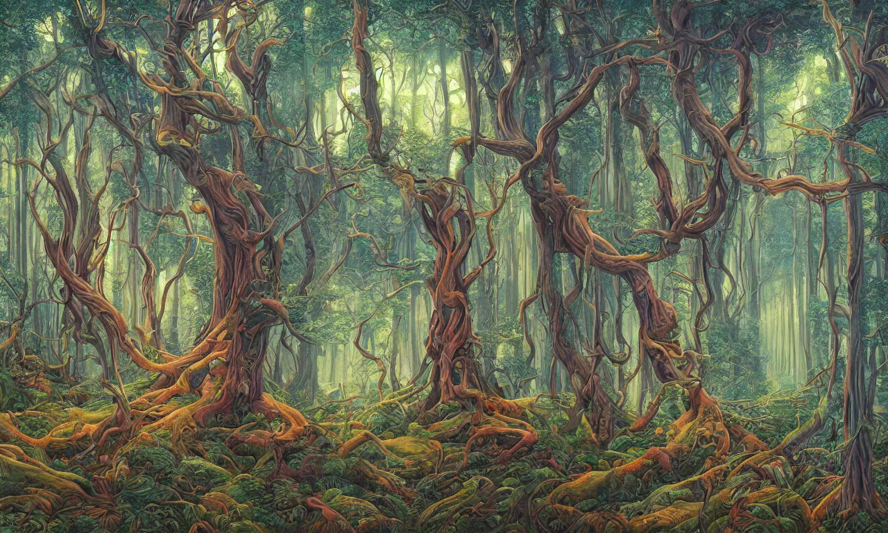 Image similar to mystical forest, illustration painting, oil on canvas, intricate, hd, digital art, overdetailed art, complementing colors, detailed, illustration painting by alex gray, digital art, moebius