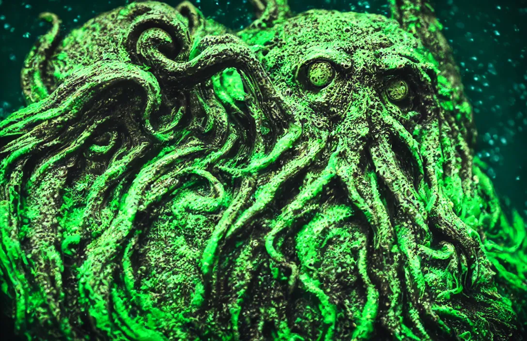 Prompt: cthulhu monster closeup, portrait, under water, glowing algae, sigma lens, strong bokeh, photography, highly detailed, 8 5 mm, f / 1. 3, foggy, dramatic lighting, 4 k