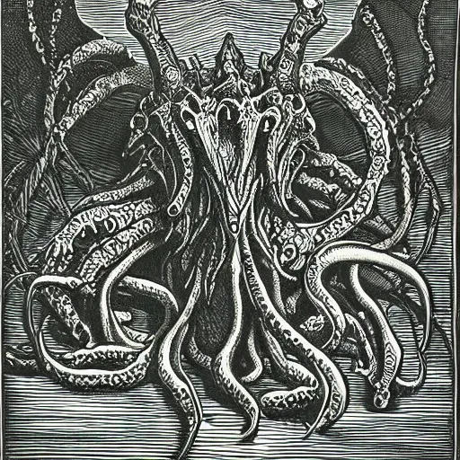 Image similar to a detailed woodcut of Cthulhu by Gustave Doré