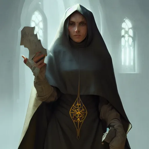 Image similar to high fantasy nun designed by Greg rutkowski, concept art, fantasy, 4k, CG render