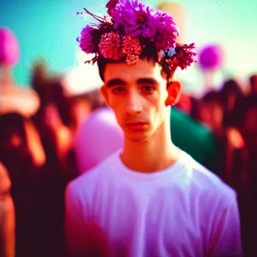 Prompt: close up kodak portra 4 0 0 photograph of a skinny guy standing in crowd, flower crown, moody lighting, telephoto, 9 0 s vibe, blurry background, vaporwave colors, faded!,