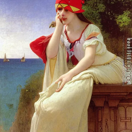 Image similar to A girl with jester hat and clothes on the front of a Balustrade with a beach on the background, major arcana clothes, by paul delaroche, alphonse mucha and arnold böcklin arnold böcklin hyperrealistic 8k, very detailed