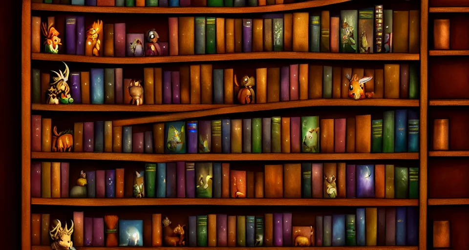 Image similar to a bookshelf of wonderful magical creatures, cinematic lighting, detailed, 4 k