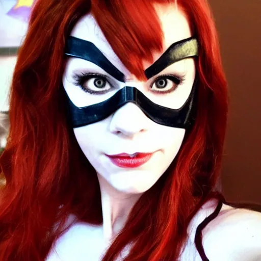 Image similar to Barbara Gordon with her Batgirl mask off gorgeous face and dark red hair with her Superhero outfit half unzipped 8k ultra realistic