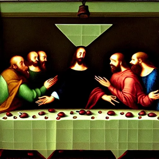 Image similar to green aliens in the last supper painting, eating alien food