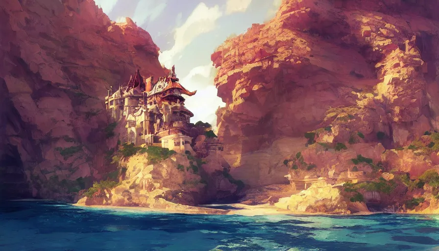 Prompt: MAGIC WIERD Royal CRYSTAL castle built OVER CLIFF, hyperdetailed, artstation, cgsociety,by studio ghibli painting,by Joaquin Sorolla rhads Leyendecker, by Ohara Koson and Thomas, 8k