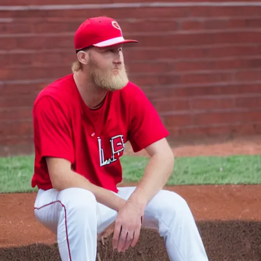 Prompt: tall white guy with a short blonde beard red nc state baseball hat and red shirt