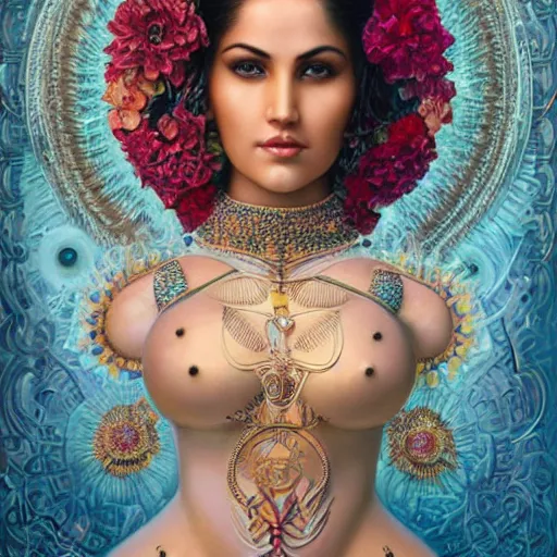 Prompt: sunny leone as humanoid robot, skin flower pattern, highly detailed, expressive eyes, beautiful symmetric body, perfect proportions, highly intricate, art by tom bagshaw and alex gray