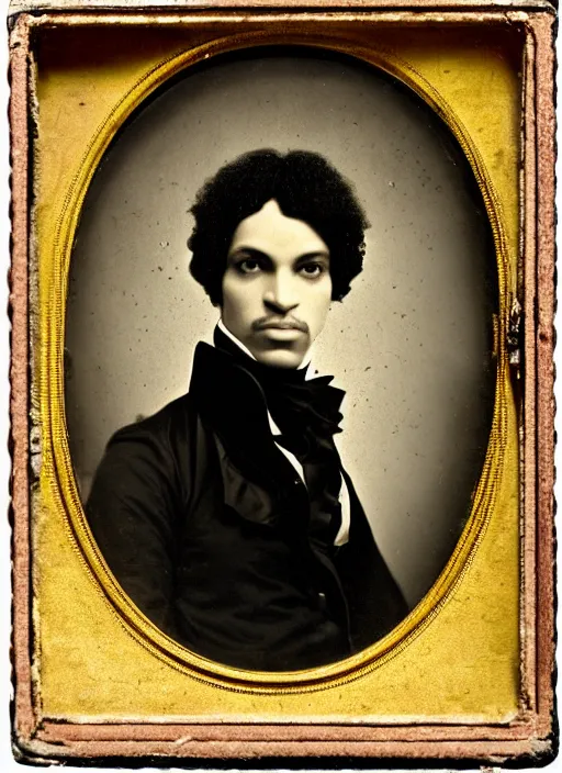 Prompt: Daguerreotype of the artist formely known as Prince, classical portrait, 1849, direct gaze