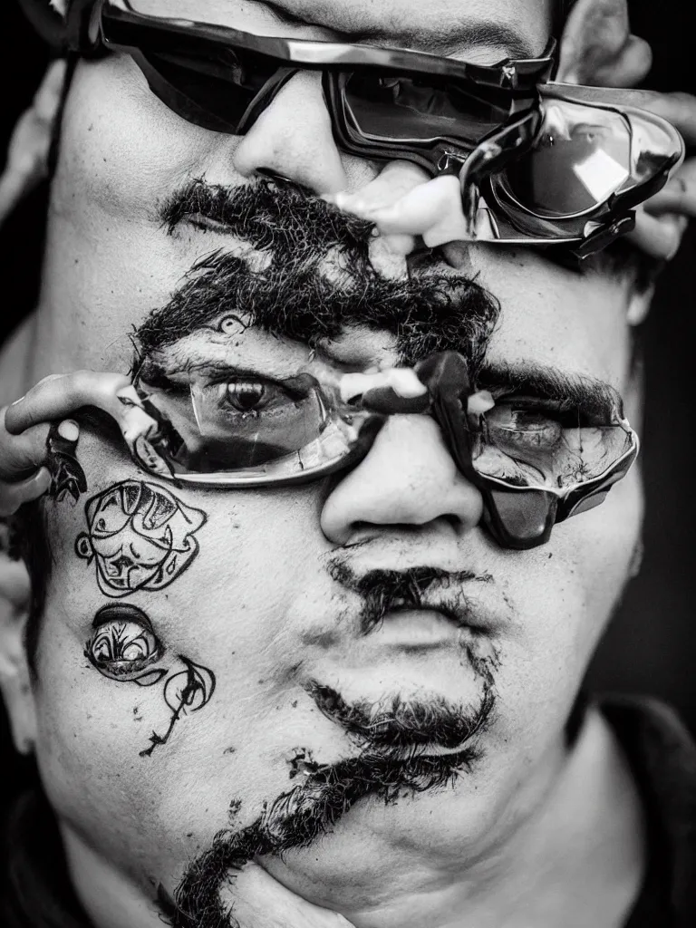 Prompt: “A 90mm black and white portrait photo of a Latin American cholo wearing VR glass and face tattoos”