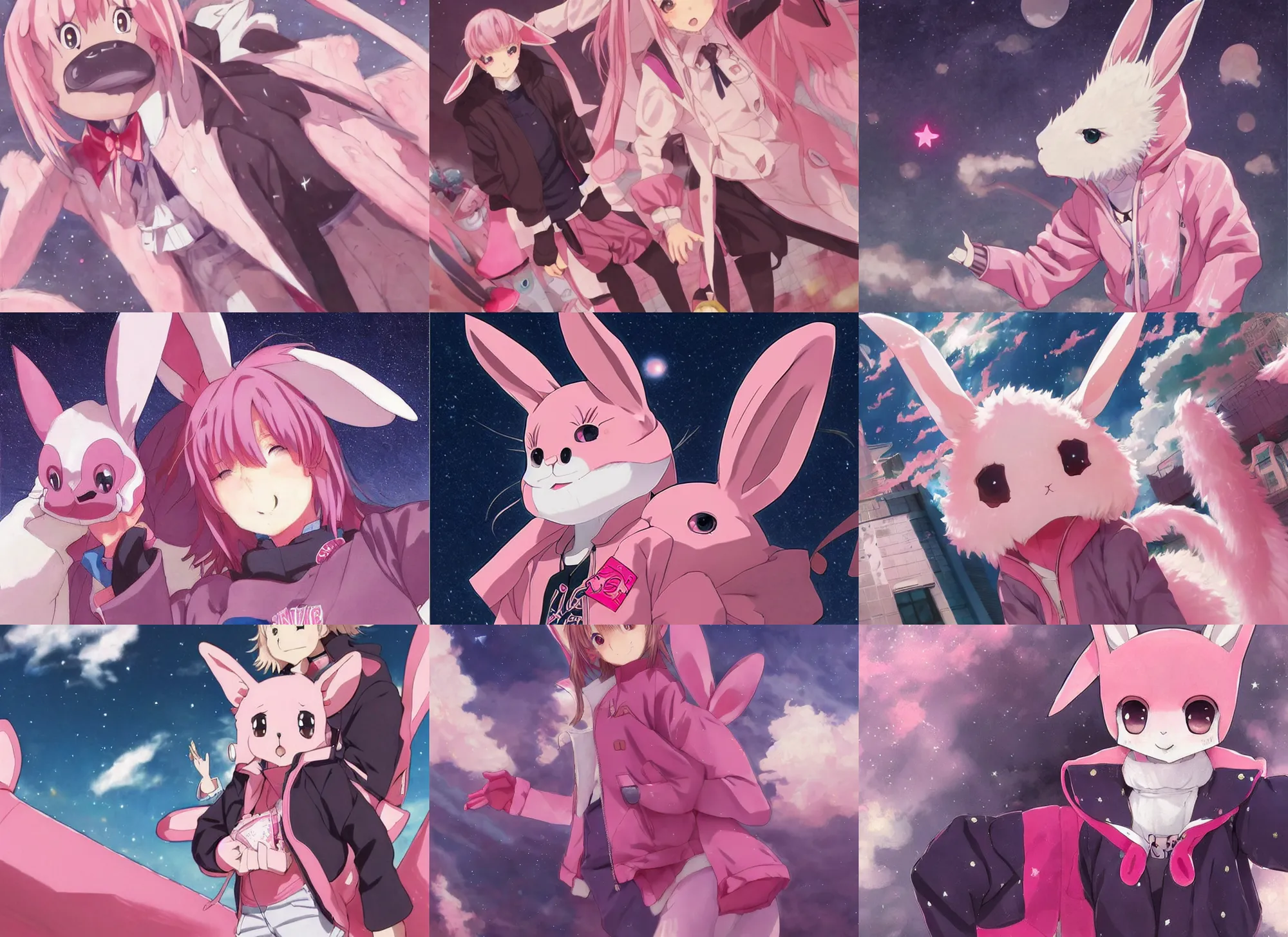 Prompt: official artwork of an anime pink rabbit wearing a letterman jacket, by Krenz Cushart, detailed art, many stars in the night sky, pink iconic character, 獣, yokai, wallpaper, bunny, large ears, male character