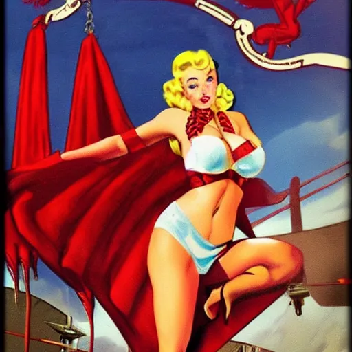 Image similar to pinup art warhammer imperial guard girl dropping bomb blond