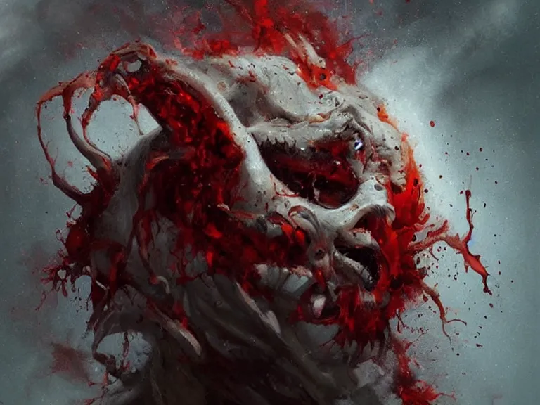 Image similar to painting by greg rutkowski of a flying human head with tears running down it's face face that is chalk white in color, with white!! tentacles coming down through the neck, fiery scorching red eyes, flying in a terrying hell like cavernous place