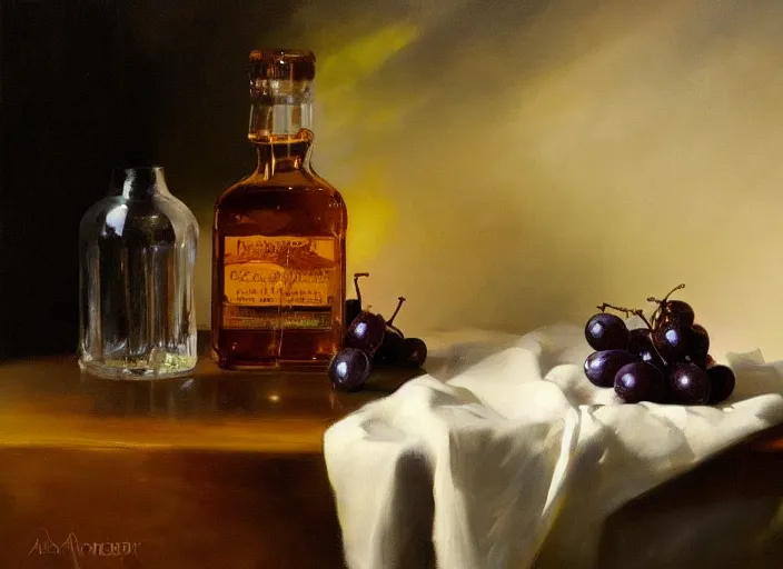 Prompt: oil painting of whiskey bottle, translucent grapes, rose, art by anders zorn, wonderful masterpiece by greg rutkowski, beautiful cinematic light, american romanticism by greg manchess, creation by tyler edlin