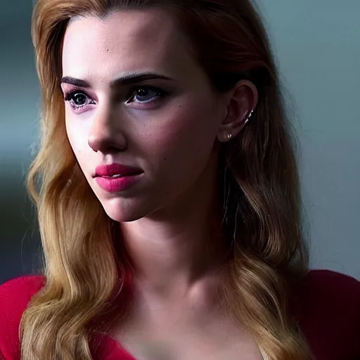 Image similar to a woman who is a genetic combination of scarlett johansson and emma watson face and upper - body focus