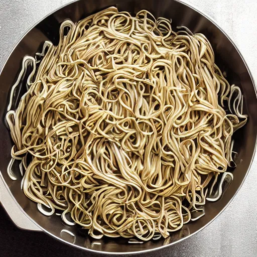 Prompt: Metallic noodles with bones