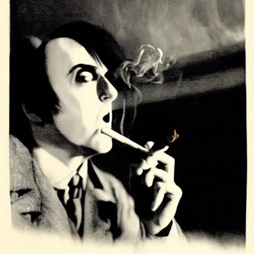 Prompt: cabinet of doctor caligari brown tint smoking cigar still shot from film by guy maddin and gustav dore