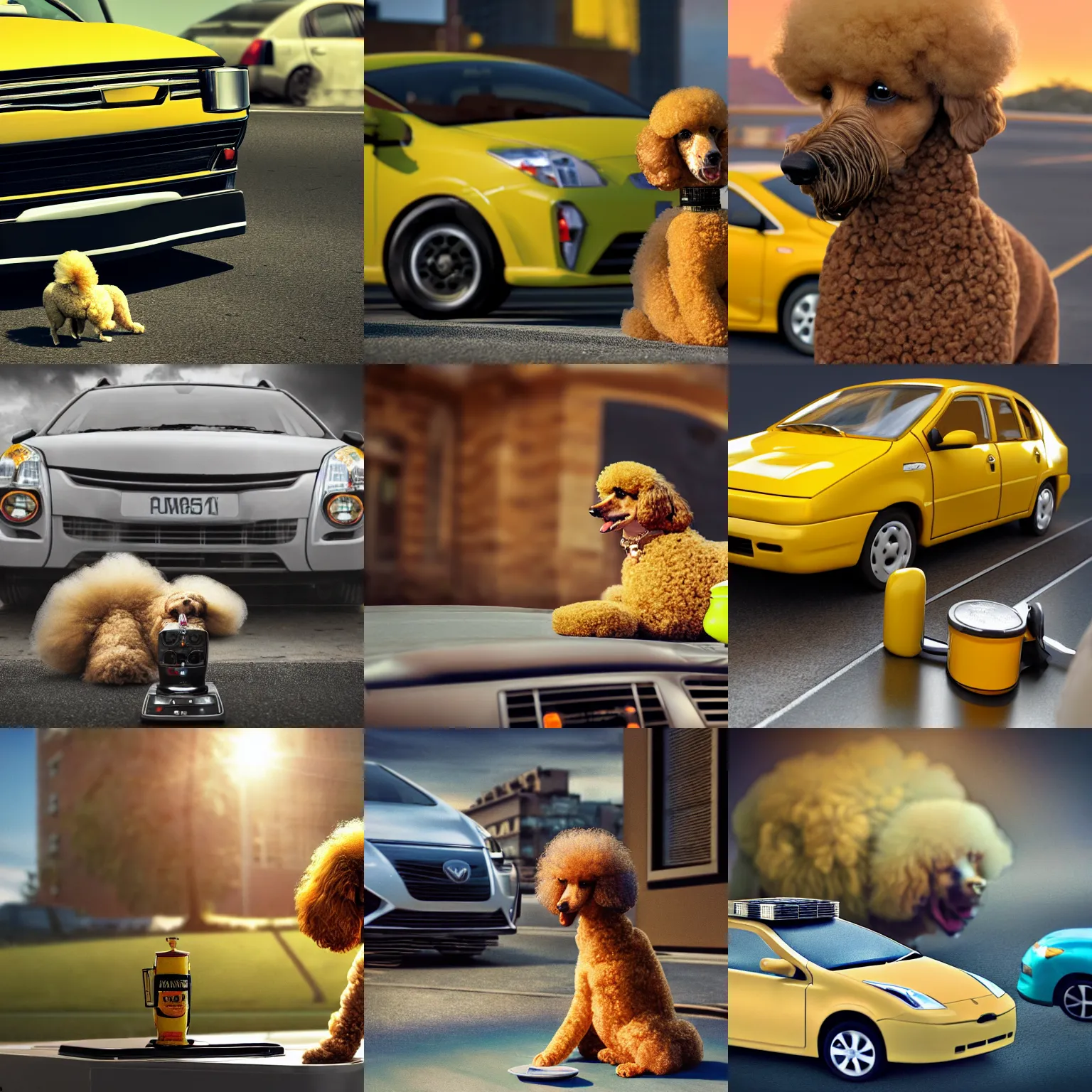 Prompt: a closeup photorealistic photograph of a poodle dining on a jar of mustard atop an old talk radio. prius in the background. professional capture. brightly lit scene. this 4 k hd image is trending on artstation, featured on behance, well - rendered, extra crisp, features intricate detail, epic composition and the style of unreal engine.