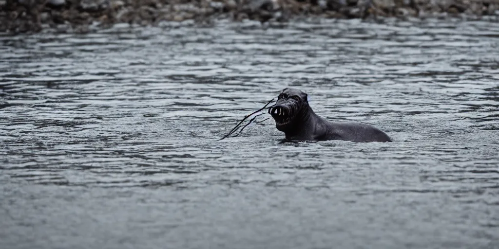 Image similar to Scary cryptid in a river in alaska at night, long lens, telephoto, candid picture, front lit by flashlight