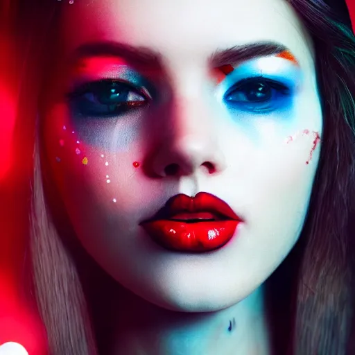 Image similar to A close-up of a beautiful girl with a surreal makeup reminding the swiss flag, octane render, bokeh, cyberpunk vibes, neons on the background