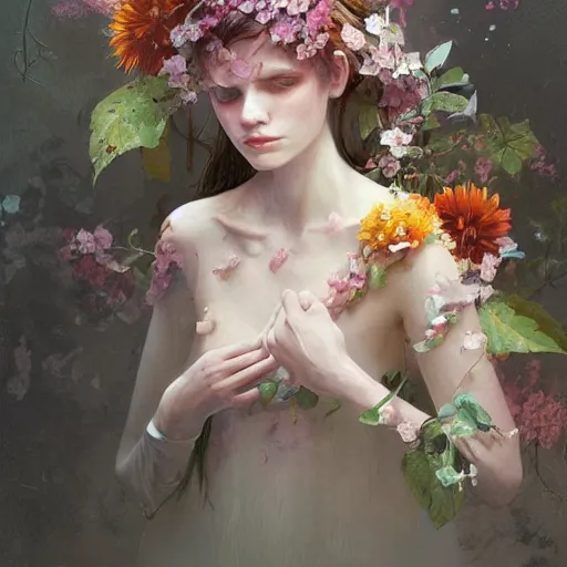 Image similar to painting of a pale girl dressed with flowers, illustration, artistic, colorful, hyper detailed, in the style of Greg Rutkowski,