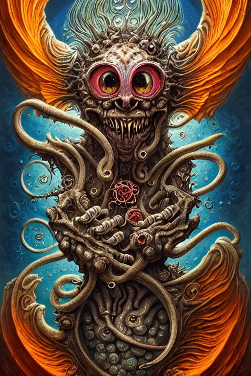 Image similar to A beautiful detailed grotesque monster super cute tarot card, by tomasz alen kopera and Justin Gerard, symmetrical features, ominous, magical realism, texture, intricate, ornate, royally decorated, mechanic, skeleton, whirling smoke, embers, red adornements, blue torn fabric, radiant colors, fantasy, trending on artstation, volumetric lighting, micro details, 3d sculpture, ray tracing, 8k, anaglyph effect, digital art