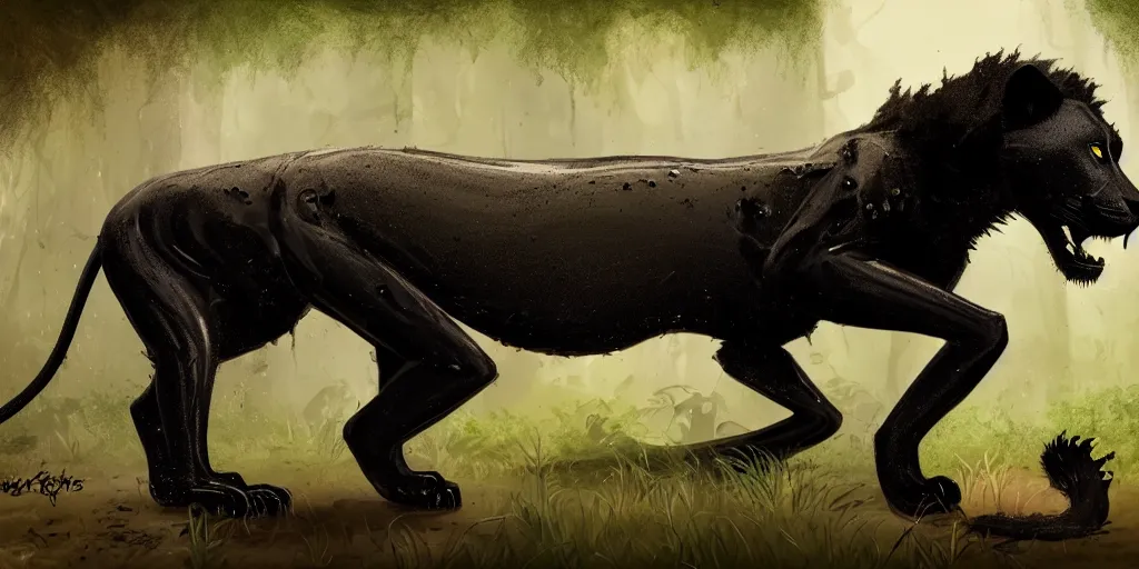 Prompt: a black lioness, made of smooth black goo, prowling through the forest, viscous, sticky, full of tar, covered with black goo. concept art, realism, animal drawing, color, savanna, wildlife photography, black goo, cinematic, in the style of cory loftis