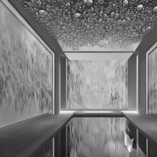 Prompt: villa architecture fluid design, chantal matar well-defined style, monochromatic, natural lighting, volumetric lighting, generative art nebula, cinematic, photo realistic, hyper real, surreal design, flow everywhere, walls made of crystal clear water, droplets on the walls, 8k