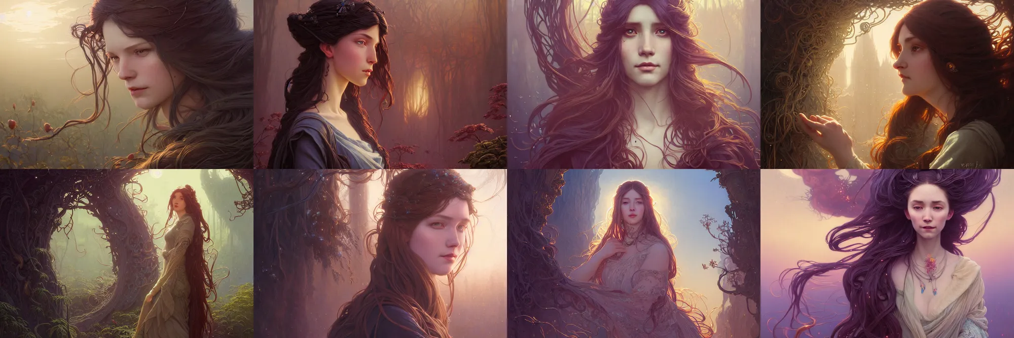 Image similar to highly detailed portrait of a woman with long hairs, stephen bliss, unreal engine, fantasy art by greg rutkowski, art nouveau, loish, rhads, ferdinand knab, makoto shinkai and lois van baarle, ilya kuvshinov, rossdraws, tom bagshaw, alphonse mucha, global illumination, radiant light, detailed and intricate environment