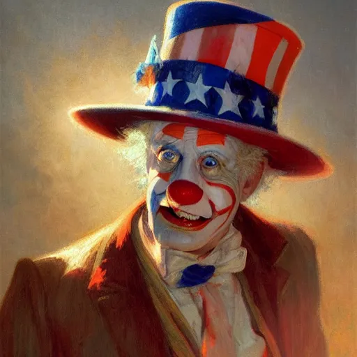 Image similar to uncle sam as a clown, radiant light, caustics, heroic, bright iridescent light, by gaston bussiere, bayard wu, greg rutkowski, maxim verehin