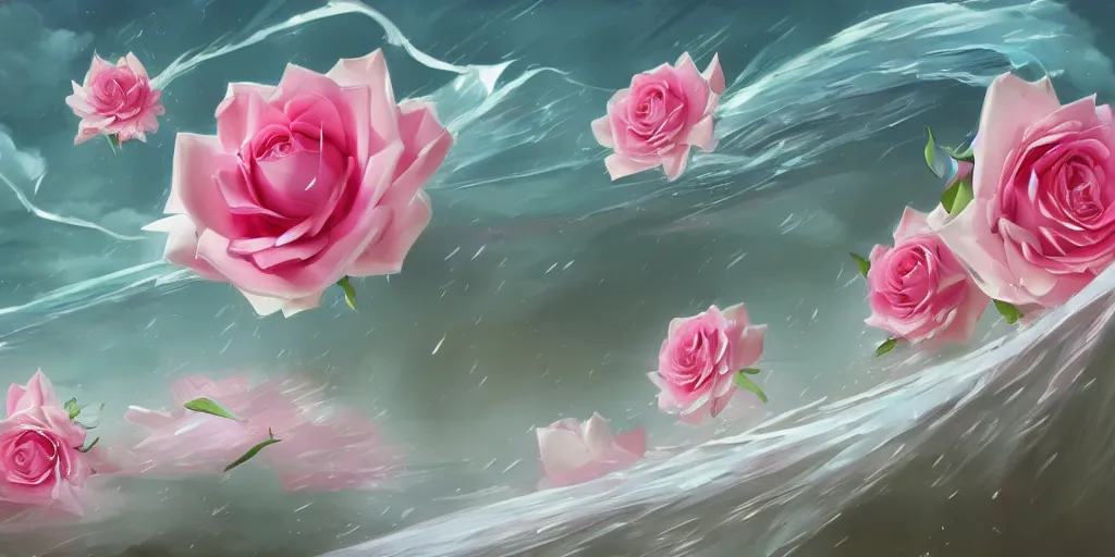 Image similar to background art of flying longswords flowing slicing through a bouquet of white and pink roses, big puffy clouds, sharp rain, large rose petals, lotus petals, large polygonal background elements, large polygons, dramatic anime, dramatic lighting, artgerm, manga, trending on artstation, art nouveau, mature colors