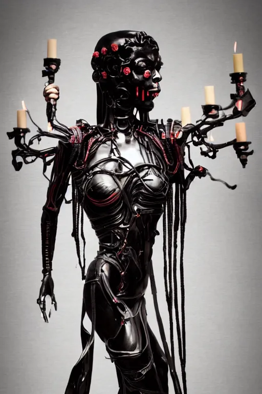 Image similar to full-body cyberpunk style sculpture of a young beautiful dark priestess, half android with a head opening exposing circuitry, glowing red eyes, black roses, flowing blood-red colored silk, fabric, candles. baroque elements, human skulls. full-length view. baroque element. intricate artwork by Caravaggio. crows flying in background. Trending on artstation, cinematic lighting from the right, hyper realism, octane render, 8k, depth of field, 3D