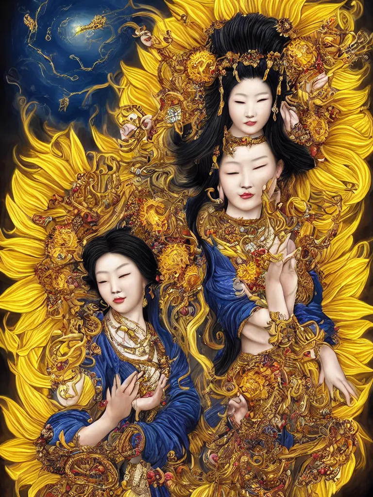 Prompt: Graceful portrait of the Sunflower Goddess, a Chinese female deity with 8 arms who brings joy and light onto the world with her smile and by channeling energy from the sun. Insanely nice professional hair style, dramatic hair colour, digital painting of a old 17th century, amber jewels and golden gemstones, baroque, ornate clothing, sci-fi, dark blue smoke background, flames, very realistic, chiaroscuro, art by Franz Hals and Jon Foster and Ayami Kojima and Amano and Karol Bal.