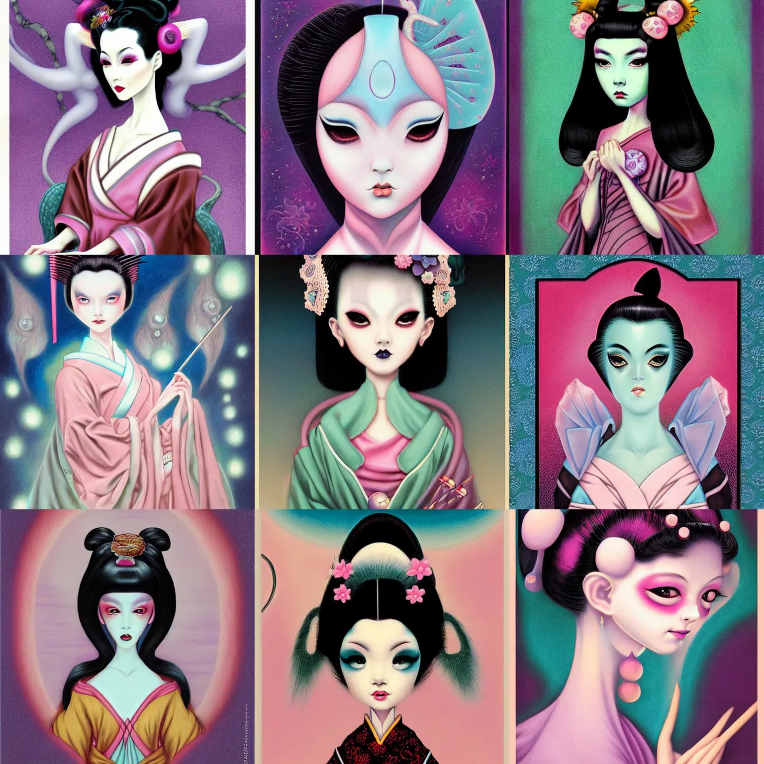 Prompt: digital painting of a pastel goth geisha by terese nielsen, mark ryden in the style of, vintage shoujo, fantastic planet, 6 0 s poster art, minimalist poster art, cute, cool, weird, artgerm
