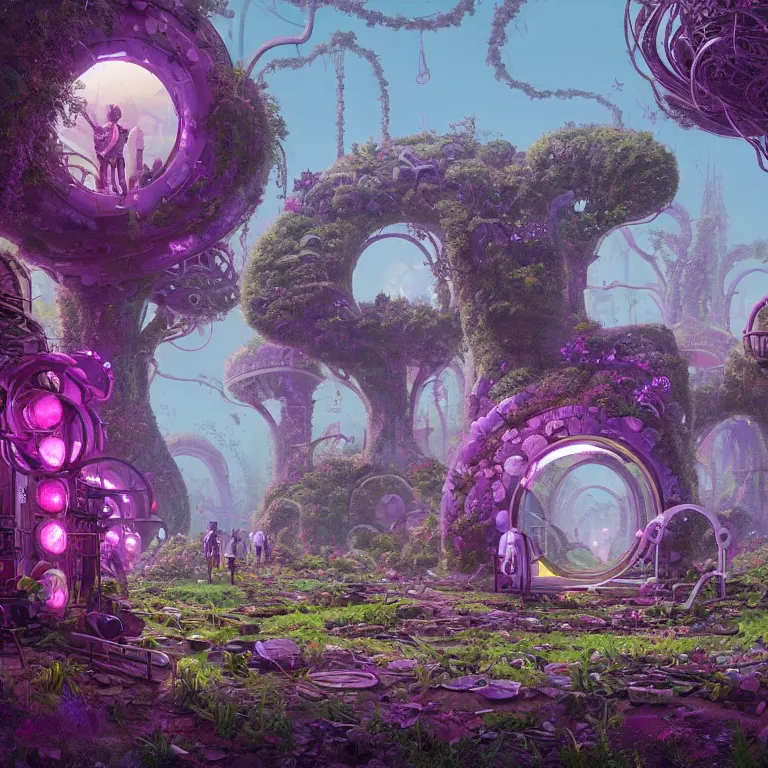 Prompt: a circle portal structure built out of plants and mushrooms ,trees, curves, arches, bright cyberpunk glow, epic surrealism, magenta, deep purple, hot pink, pale blue, Detailed digital matte painting in the style of simon stalenhag, Greg Rutkowski and Greg Hildebrandt artstation