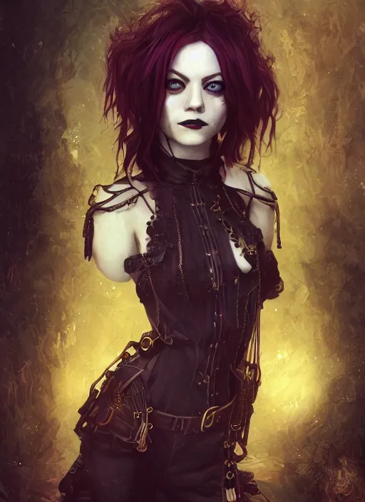 Image similar to dark goth gothic steampunk portrait of emma stone, hyper detailed, digital art, cinematic lighting, studio quality, smooth render, unreal engine 5, octane rendered, art style by klimt and nixeu and ian sprigger and krenz cushart.