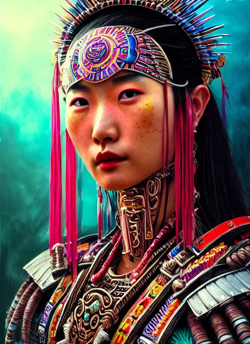 Image similar to portrait of liu yifei, hyper detailed ultra sharp aztec shaman warrior. trending on artstation, warpaint aesthetic, bloodwave, colorful, psychedelic, ornate, intricate, digital painting, concept art, smooth, sharp focus, illustration, art by artgerm and greg rutkowski and h. r. giger, 8 k