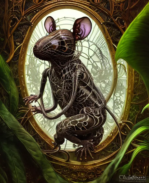 Image similar to intricate ornate opulent transparent clear see - through portrait of a terrifying beautiful male alien rat, mottled coloring, adorable, childlike, overgrown jungle environment, ultra realistic, concept art, art nouveau, photorealistic, octane render, 8 k, unreal engine. art by christopher marley and artgerm and greg rutkowski and alphonse mucha