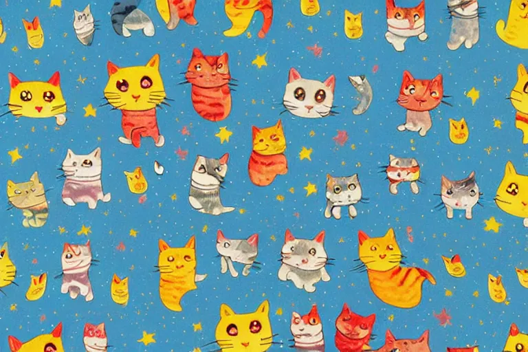 Prompt: night starry sky full of cats, by lous wain and richard scarry