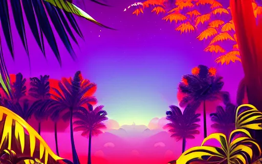 Image similar to a beautiful jungle, orange and purple color scheme, vivid color, vivid lighting, vaporwave, digital art, artstation, 4 k