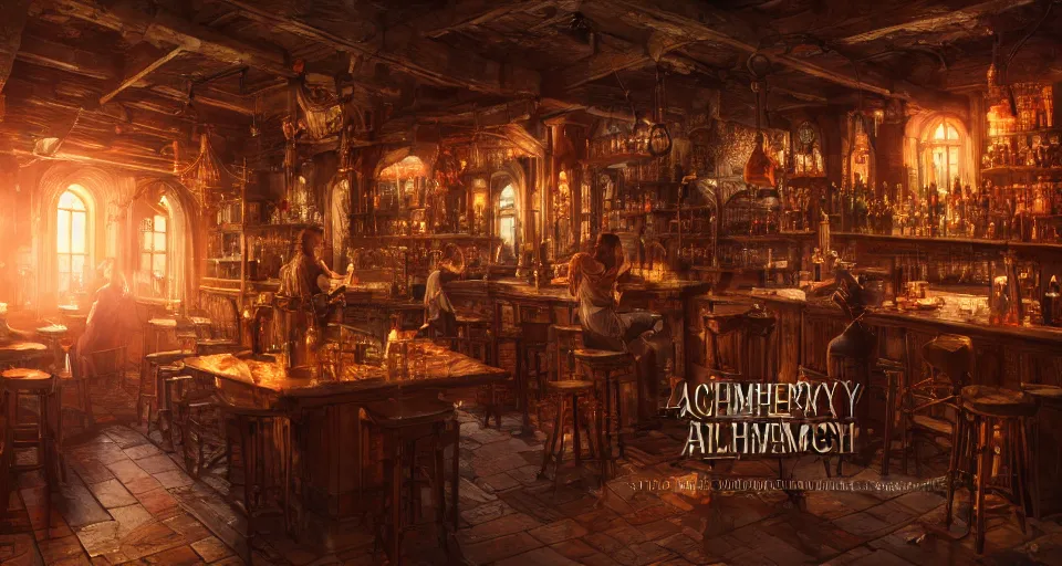 Image similar to alchemy tavern, hyperdetailed, artstation, cgsociety, golden hour 8 k, volumetric lighting, could tones