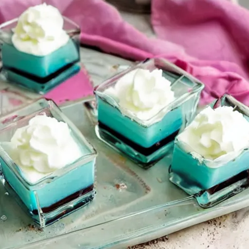 Prompt: a glass of delicious blue jello topped with whipped cream, cookbook photo