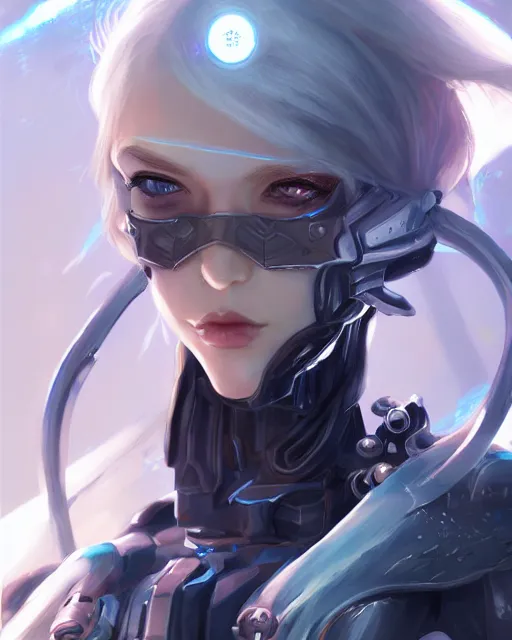 Image similar to holy cyborg necromancer girl, elegant, perfect face, scifi, futuristic, utopia, garden, illustration, atmosphere, warframe, blue eyes, white hair, artstation, nier automata, highly detailed, art by yuhong ding and chengwei pan and serafleur and ina wong