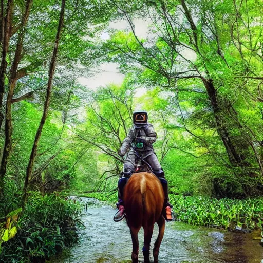 Prompt: a photo of an astronaut riding a horse in the forest. there is a river in front of them with water lilies