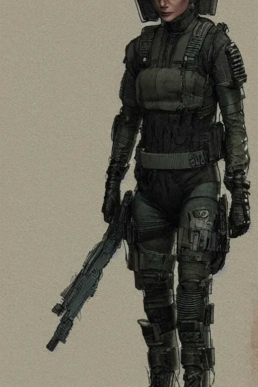 Prompt: Maria. blackops mercenary in near future tactical gear, stealth suit, and cyberpunk headset. Blade Runner 2049. concept art by James Gurney and Mœbius.