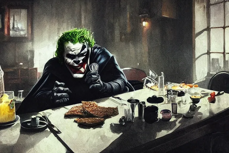 Image similar to morning light, highly detailed portrait of Batman eating breakfast, the head of the joker is placed on the table, atmospheric lighting, masterpiece, award winning painting by Emmanuel Lubezki