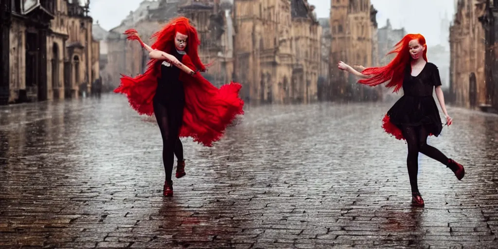 Prompt: a girl with red hair is dancing in an open up and crowdly street of gothic town, raining