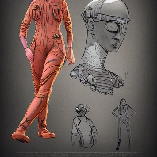 Image similar to pixar 3 d style retrofuture tattooed stoic heroic emotionless dirty butch blonde woman mechanic with very short slicked - back hair, full body, uncomfortable awkward and anxious, wearing dark - lensed victorian goggles, wearing dirty ripped flight suit, trudging through fantastic planet, valerian, moebius, rough paper, sci fi, behance hd