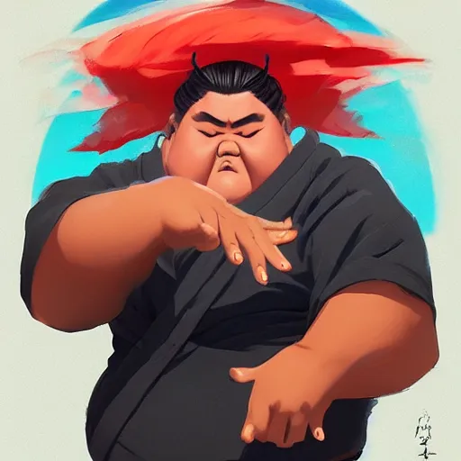 Image similar to a sumo ringe that is also a ninja lightning god with sparkles on the hands, sumo pose, 3d game fanart behance hd by Jesper Ejsing, by RHADS, Makoto Shinkai and Lois van baarle, ilya kuvshinov, rossdraws global illumination, 90s, concept